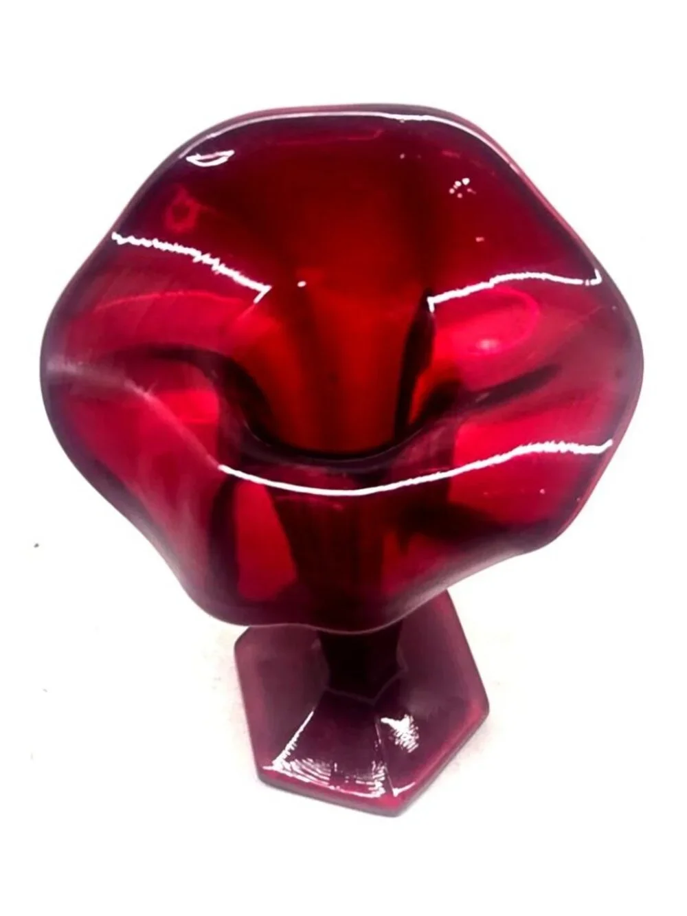 Vintage Ruby Red Glass Pedestal Vase with Flared Top & Hexagonal Base